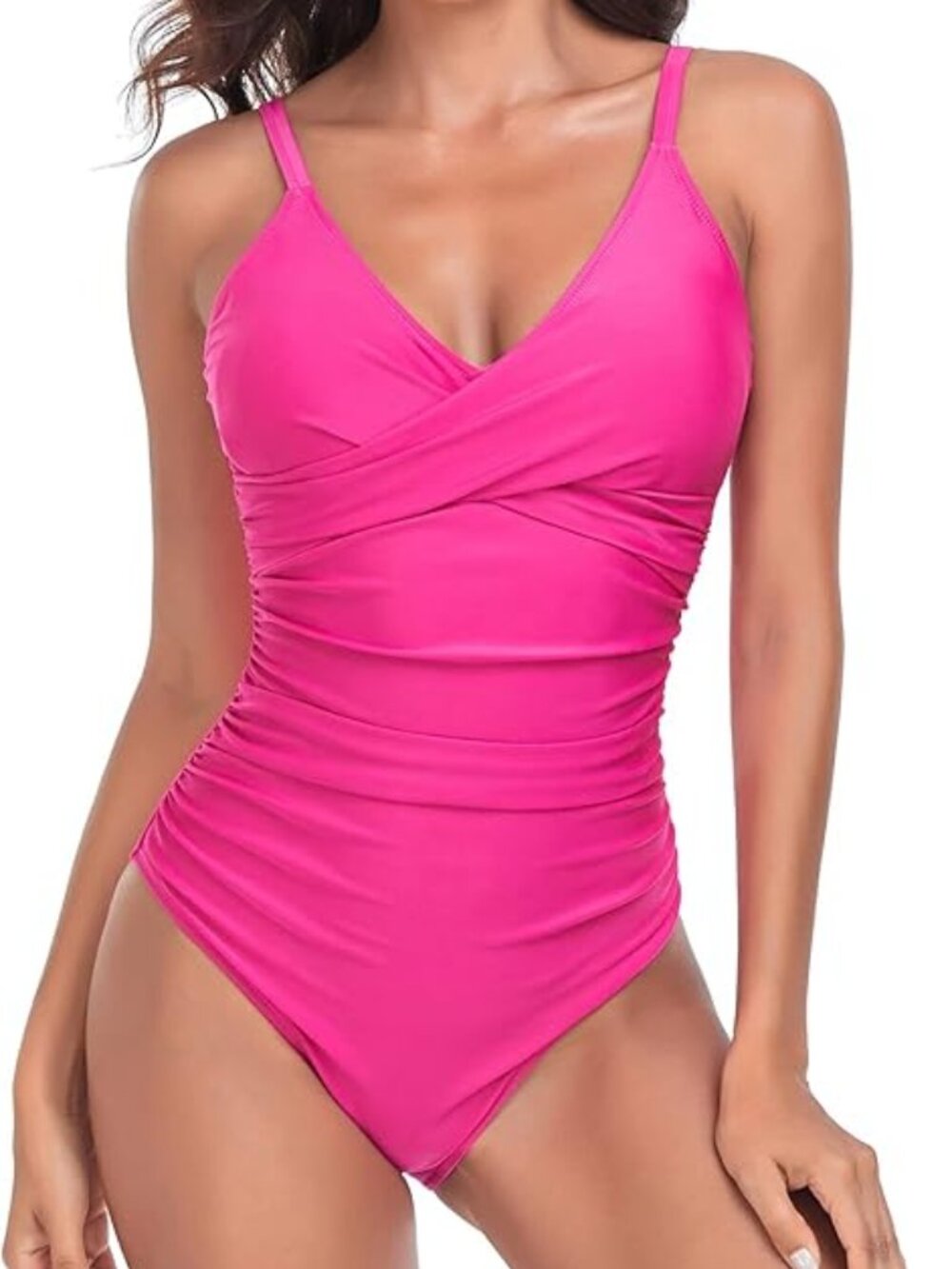 New Hot Pink RELLECIGA Women's V Neck Ruched One Piece Swimsuit Twist Front Bath